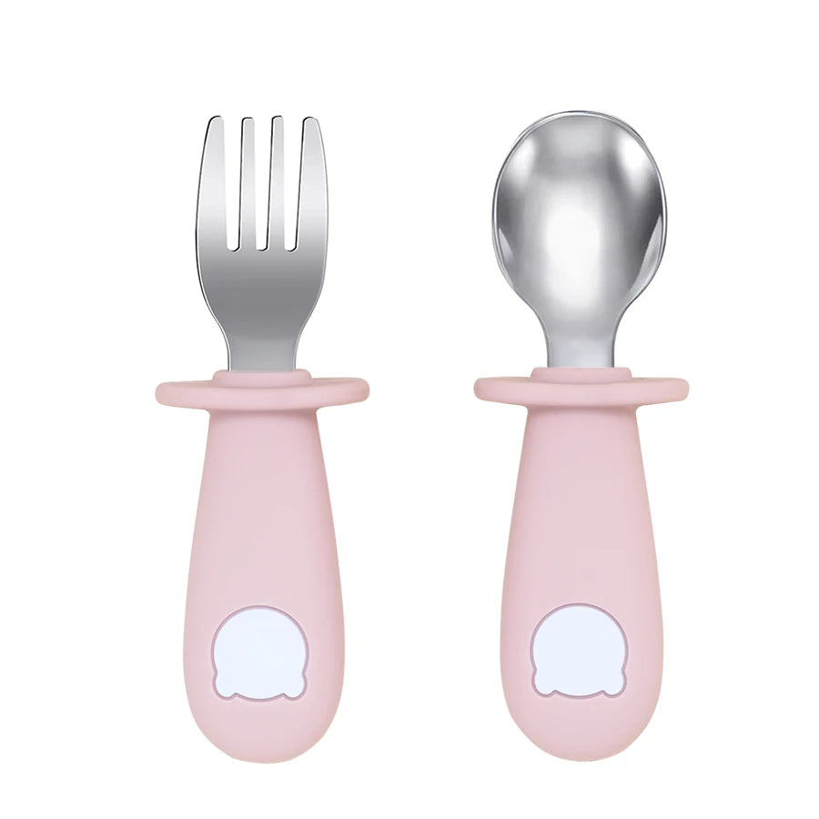 New Design Baby Feeding Solid Food Spoon Fork Set BPA Free Silicone Handle Cartoon Bear Stainless Utensil Children's Tableware
