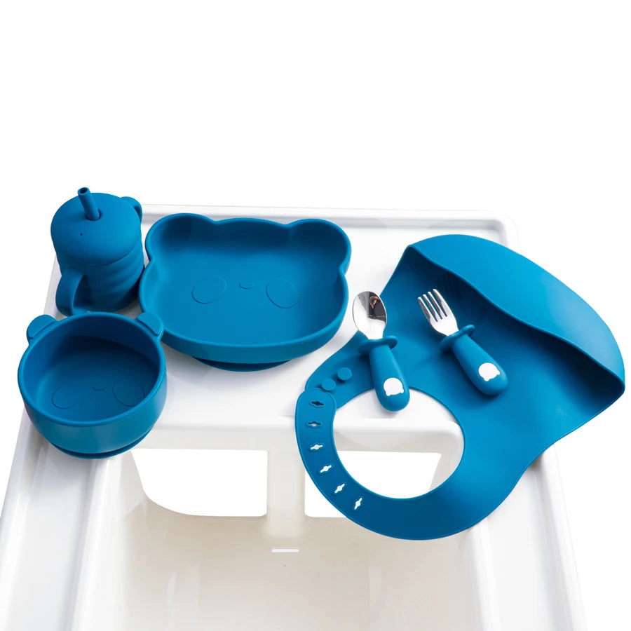 New Design Baby Feeding Solid Food Spoon Fork Set BPA Free Silicone Handle Cartoon Bear Stainless Utensil Children's Tableware