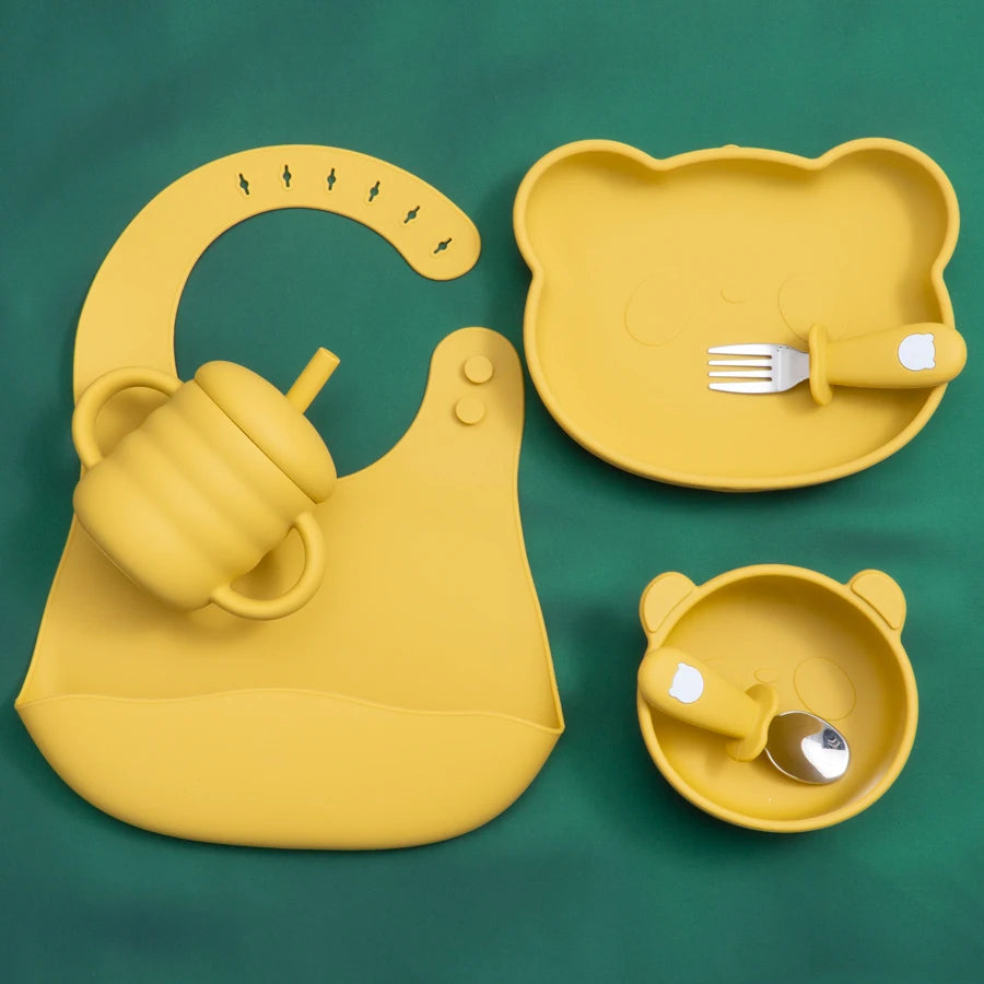 New Design Baby Feeding Solid Food Spoon Fork Set BPA Free Silicone Handle Cartoon Bear Stainless Utensil Children's Tableware