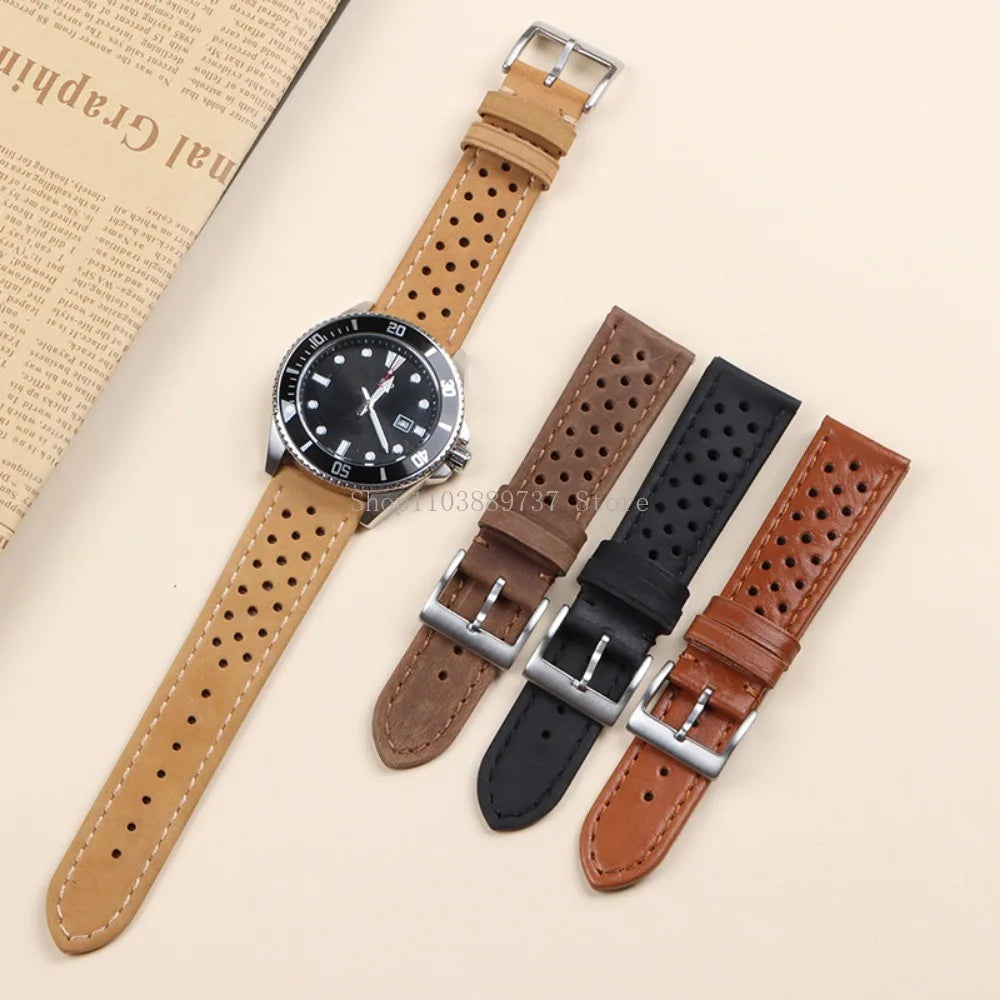 18mm 20mm 22mm Vintage Genuine Leather Strap Men Women Universal Cowhide WatchBand Breathable Bracelet Sport Wristbelt Accessory