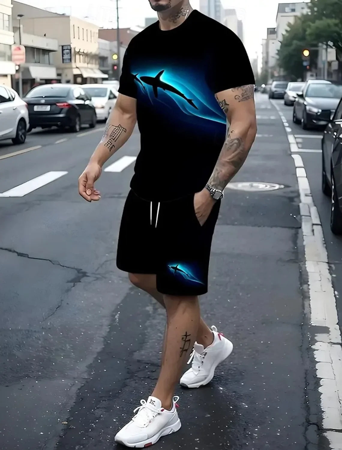 2-piece 3D Cartoon Rabbit Print Men's T-shirt Shorts Set Summer Casual Everyday Short Sleeve Top Outdoor Street Sports Shorts