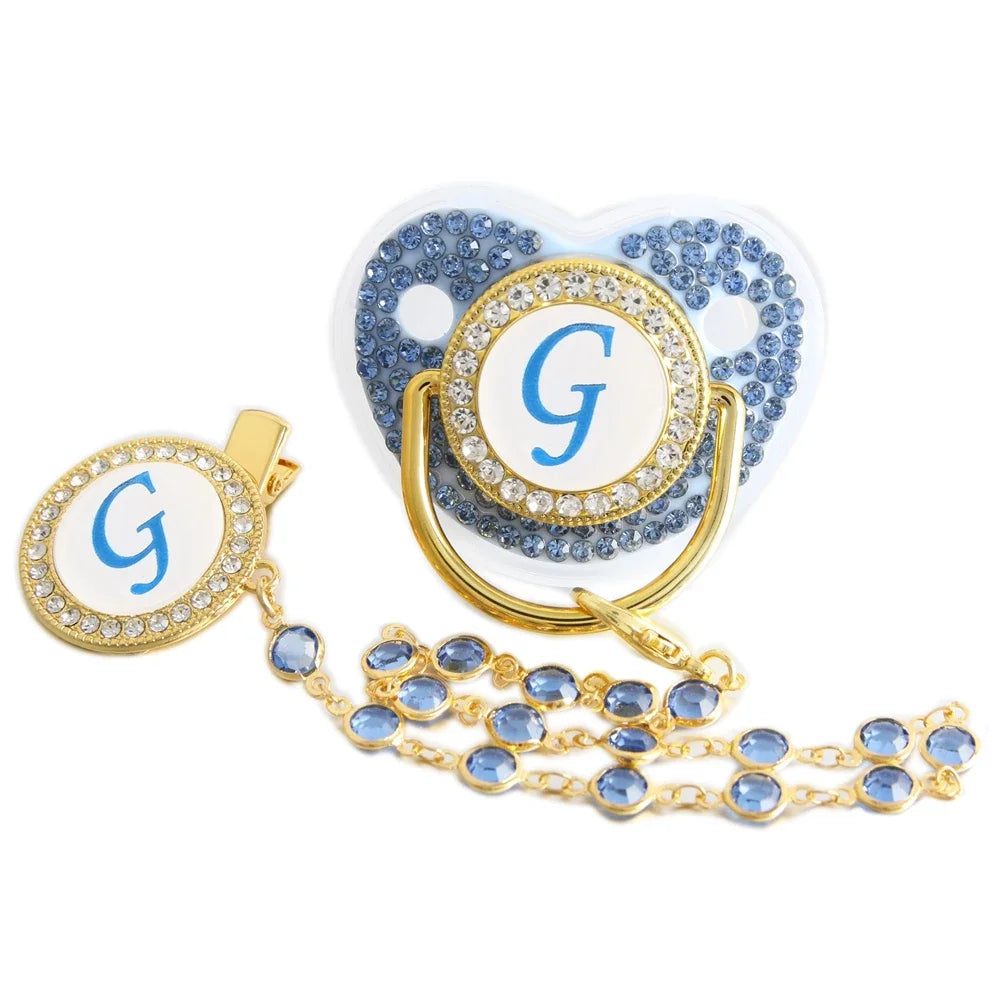 26 Letters Pacifier Blue Baby Pacifier with Bead Chain Gem Clip /Teether Toy
