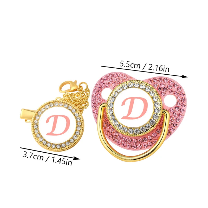 New Newborn Pacifiers for Babies Pink Rhinestones Personalized Pacifier Clip Lid Set 26 Name Initials Infant Nipple Teether Gift