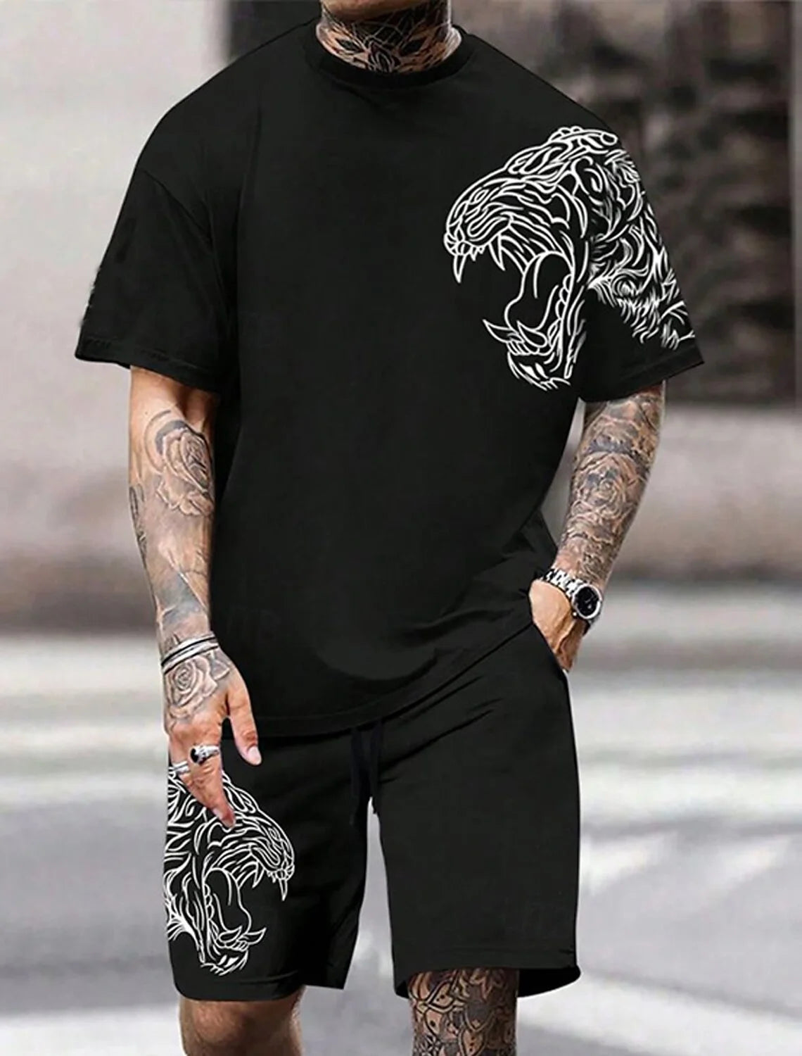 2-piece 3D Cartoon Rabbit Print Men's T-shirt Shorts Set Summer Casual Everyday Short Sleeve Top Outdoor Street Sports Shorts