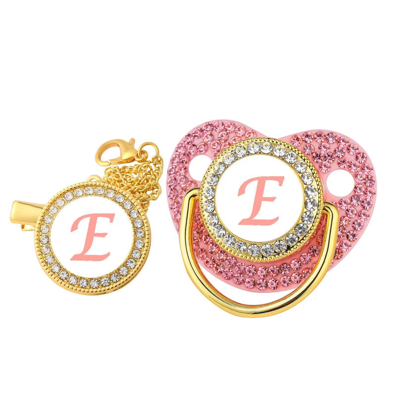 New Newborn Pacifiers for Babies Pink Rhinestones Personalized Pacifier Clip Lid Set 26 Name Initials Infant Nipple Teether Gift