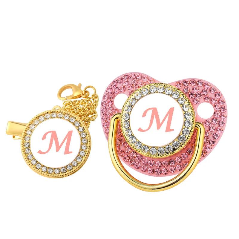 New Newborn Pacifiers for Babies Pink Rhinestones Personalized Pacifier Clip Lid Set 26 Name Initials Infant Nipple Teether Gift