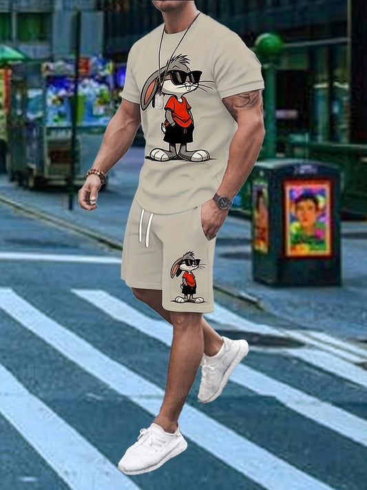 2-piece 3D Cartoon Rabbit Print Men's T-shirt Shorts Set Summer Casual Everyday Short Sleeve Top Outdoor Street Sports Shorts
